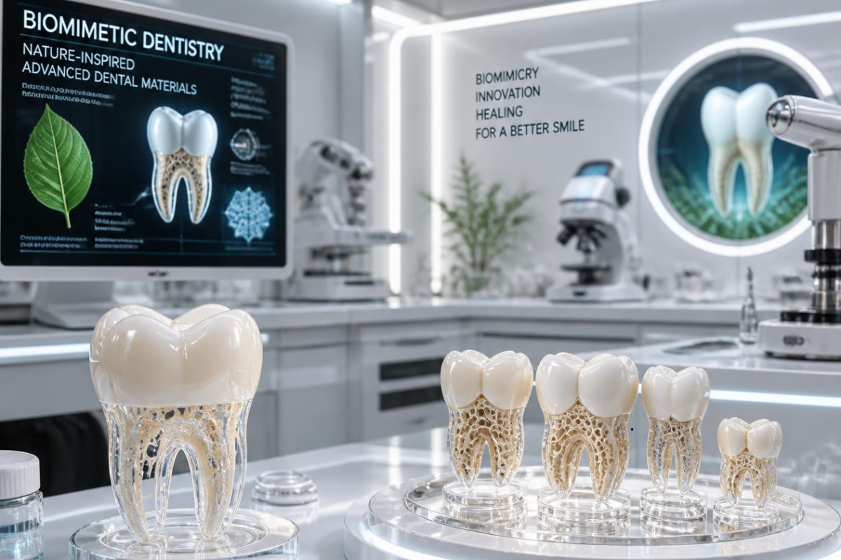 Biomimetic tooth models displaying natural structure in modern dental laboratory with educational displays about nature-insp.