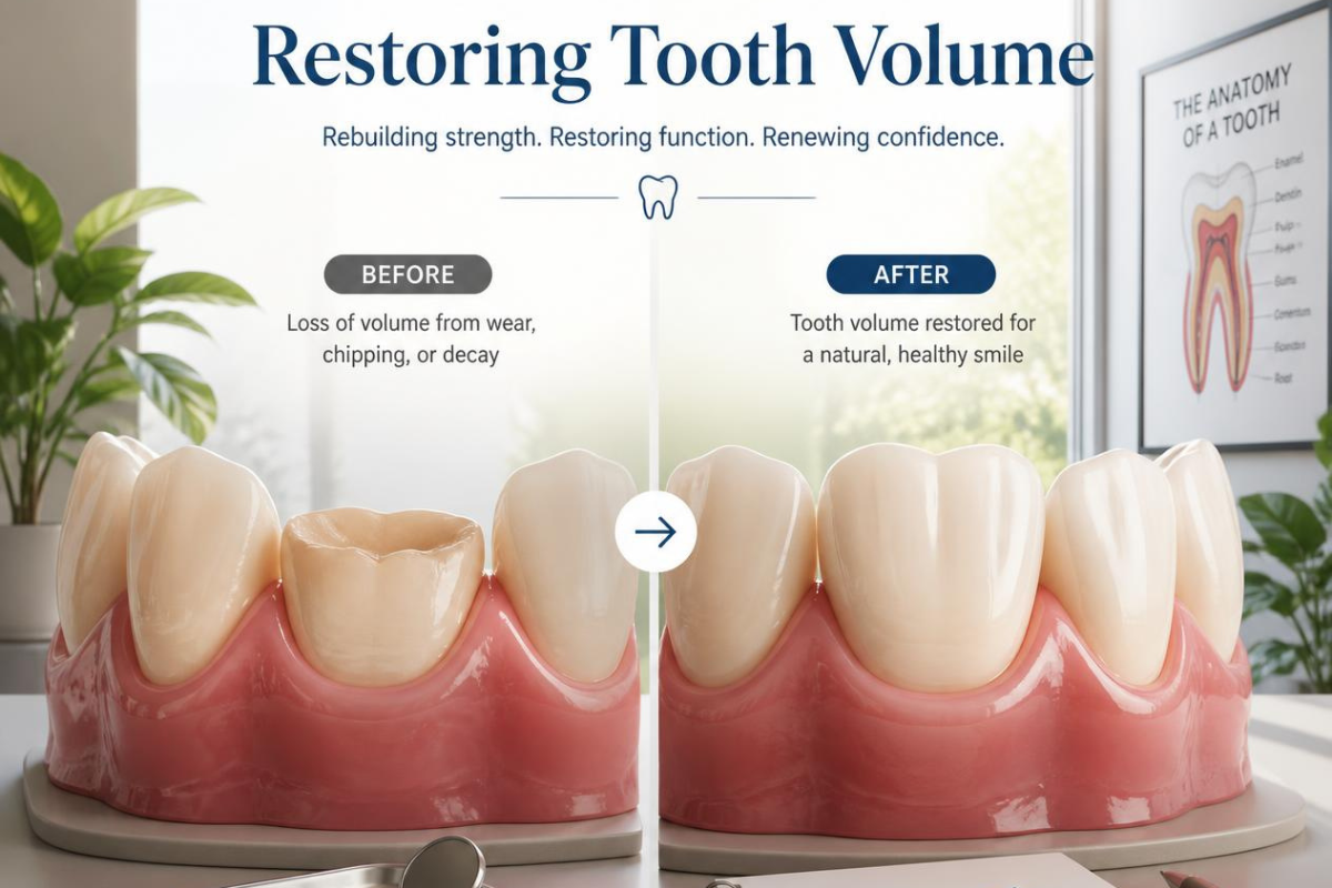 Before and after comparison of tooth restoration showing volume loss from wear and decay transformed into a natural, healthy.